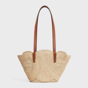 117022FWB-04LU_1_SS24_P2_W.jpg CELINE CLASSIC PANIER SMALL BRAIDED TRIOMPHE in RAFFIA and CALFSKIN