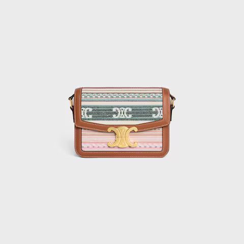 188882GRJ-14ML_1_FALL25_W_c823b572-1ac5-45ad-a0c3-93c9588797e4.jpg CELINE TEEN TRIOMPHE BAG IN STRIPED TEXTILE AND CALFSKIN