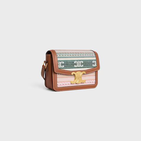 188882GRJ-14ML_2_FALL25_W.jpg CELINE TEEN TRIOMPHE BAG IN STRIPED TEXTILE AND CALFSKIN