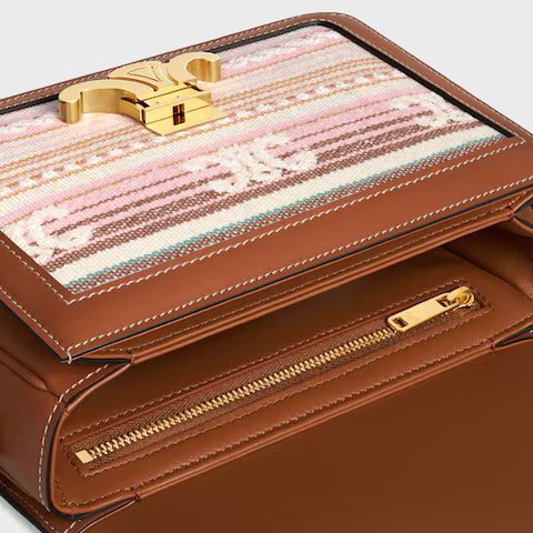 188882GRJ-14ML_4_FALL25_W_bb458569-69e8-42a9-b749-3def8f23d2b8.jpg CELINE TEEN TRIOMPHE BAG IN STRIPED TEXTILE AND CALFSKIN